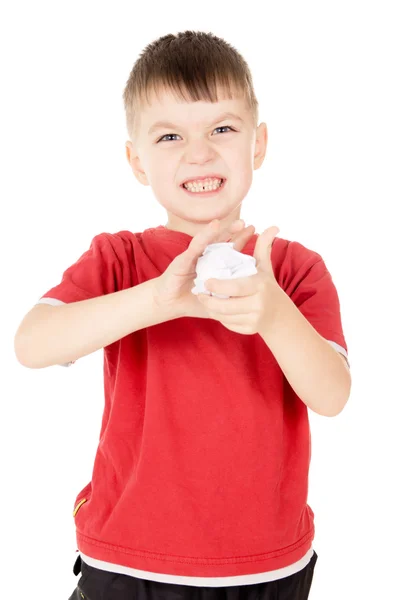 Küçük çocuk sinirli ve kağıdın çökmek — Stok fotoğraf