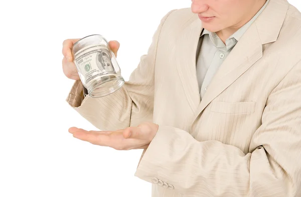 A young guy trying to extract money from a glass container — Stock Photo, Image