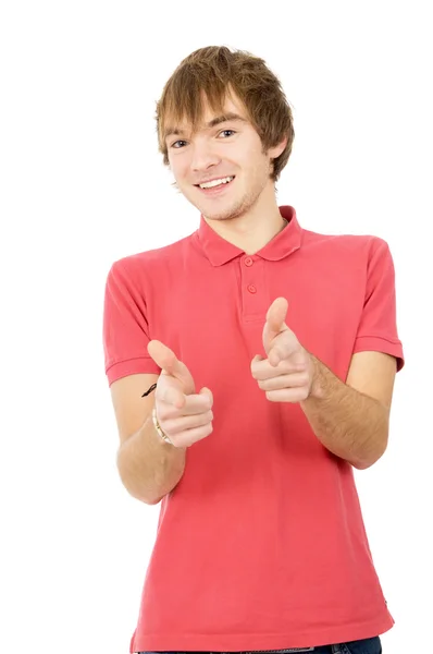 Cheerful guy a gesture of hands points to you — Stock Photo, Image