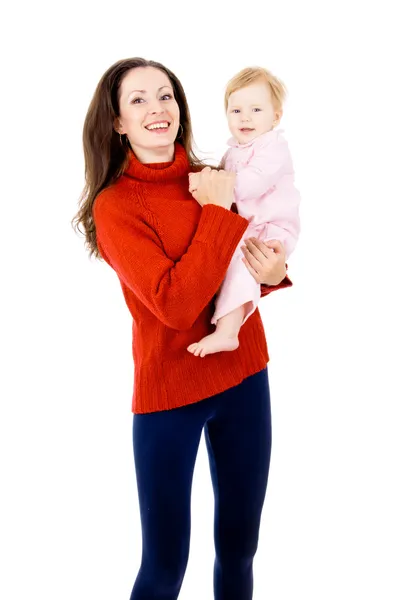 Mom jumps with a baby in her arms — Stock Photo, Image