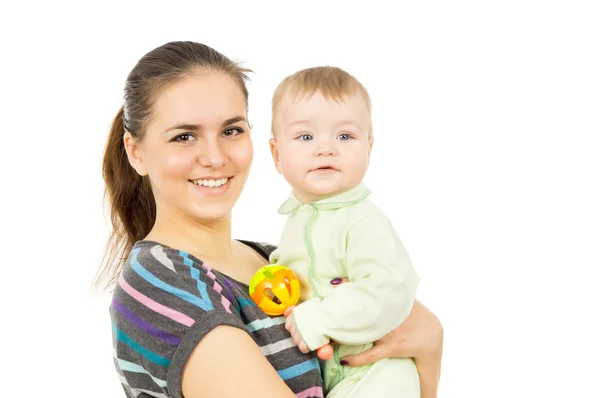 A happy mother holding the hands of his baby — Stock Photo, Image