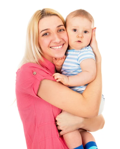 A happy mother tightly presses baby — Stock Photo, Image