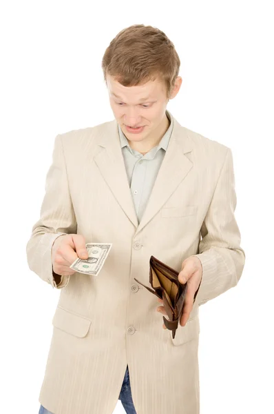 Güzel genç bir adam bir bebek m-cüzdana sahip olduğunu gösterir — Stok fotoğraf