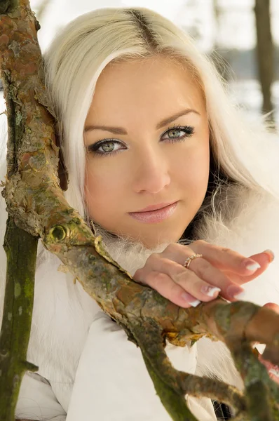 나무에 대 한의 아름 다운 금발 소녀 — 스톡 사진