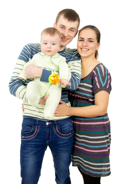 Mooie ouders houden de handen van zijn baby — Stockfoto