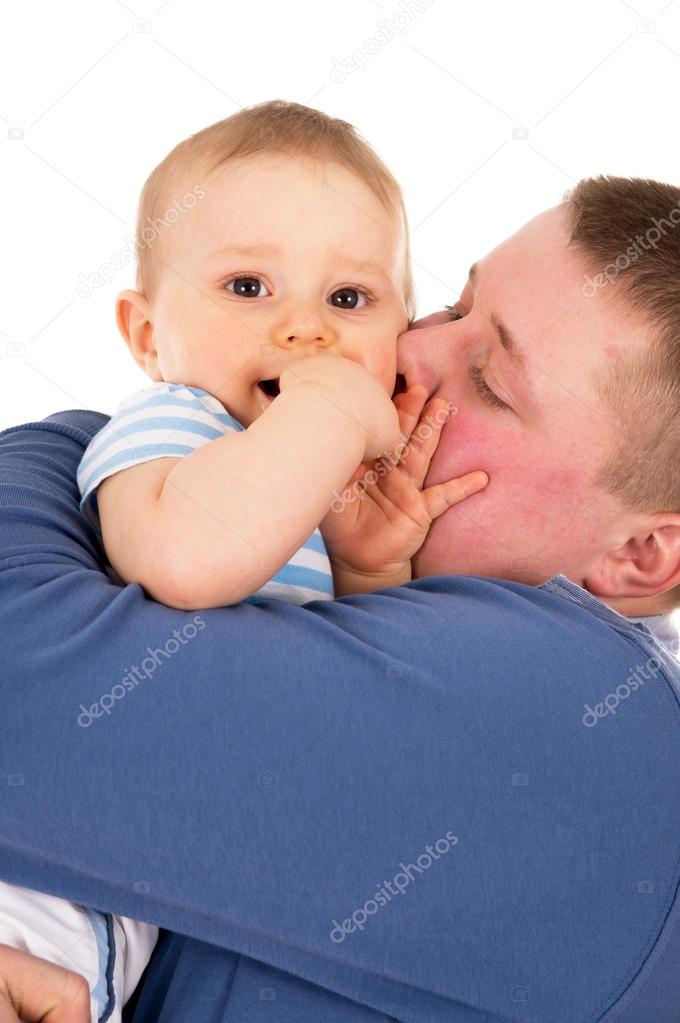 happy dad kisses baby isolated
