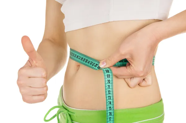 Girl measure the waist, centimeters tape — Stock Photo, Image