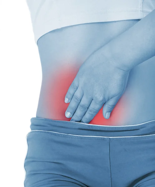 Dolor de apendicitis, se muestra rojo, mantener las manos —  Fotos de Stock