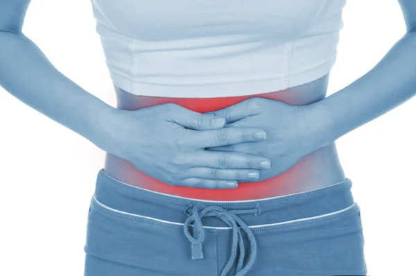 Dolor de barriga, se muestra rojo, mantener las manos — Foto de Stock