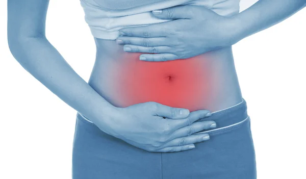 Dolor de barriga, se muestra rojo, mantener las manos — Foto de Stock