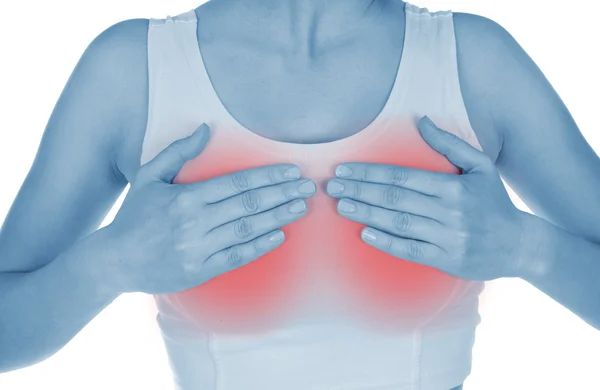 Sore breast, shown red, keep handed — Stock Photo, Image