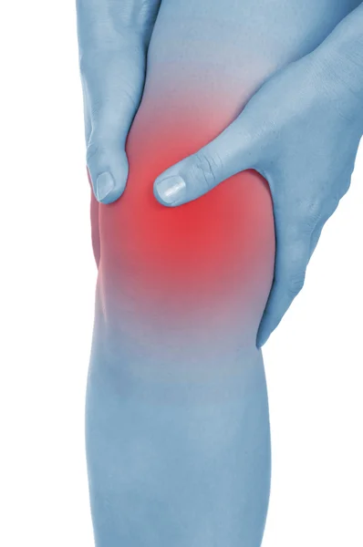 痛み膝、足、赤、示す保つ左利き — ストック写真