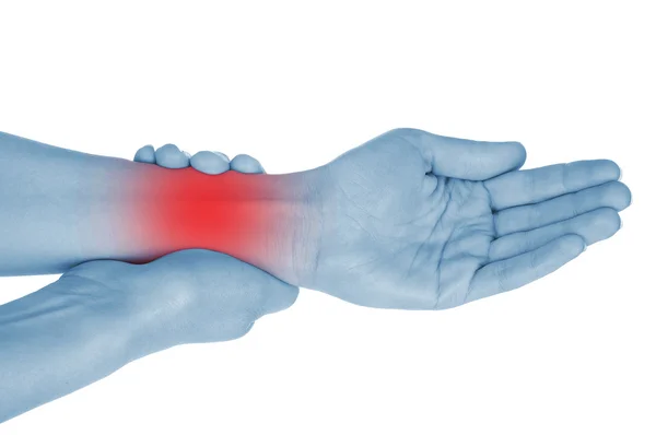 Pijnlijke pols, hand, getoond rood, houden overhandigde — Stockfoto