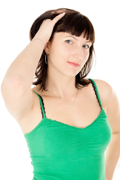 Mujer hermosa posando delante de la cámara, mantenga el cabello — Stockfoto