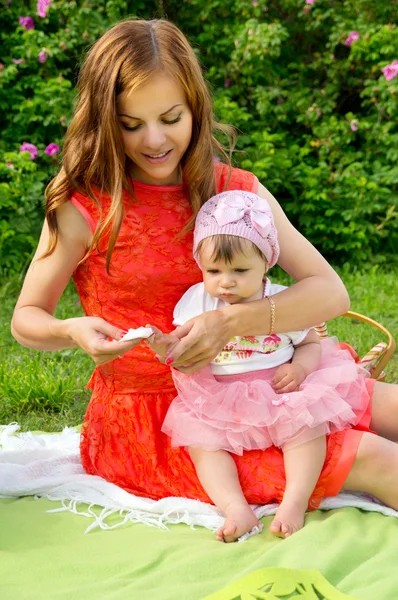 Piknik, máma myje dětské ubrousky — Stock fotografie