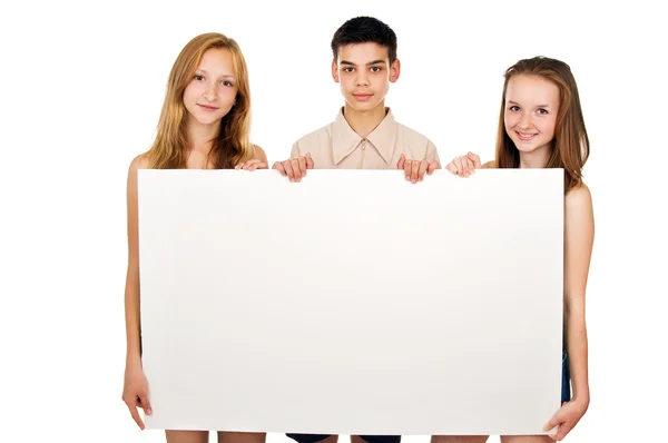 Young people hold advertising poster — Stock Photo, Image