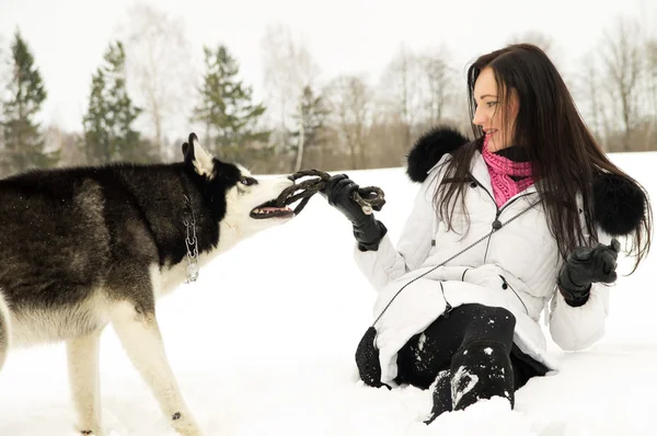 Ung flicka med en hund på natur — Stockfoto
