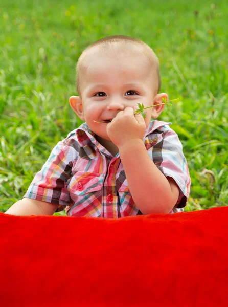 Un petit enfant couché sur l'herbe — Photo