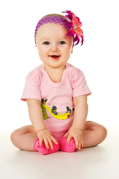 Baby and soap bubbles on a blue background — Stock Photo, Image