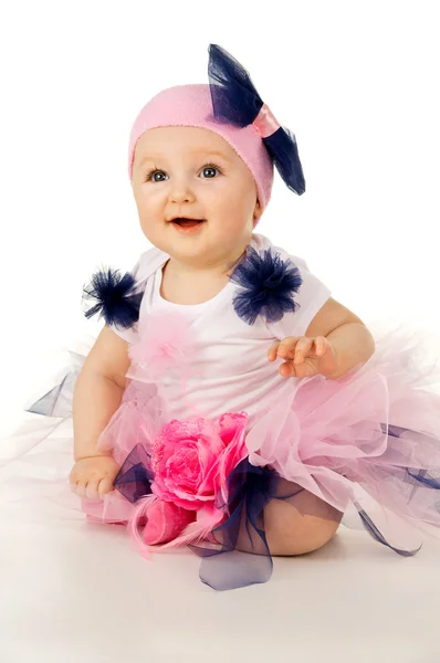 Baby and soap bubbles on a blue background — Stock Photo, Image