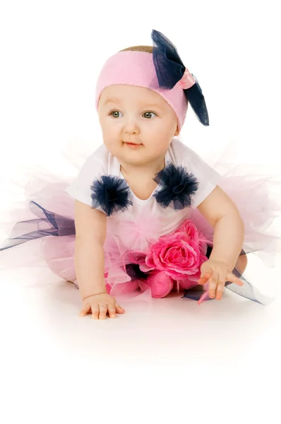 Baby and soap bubbles on a blue background — Stock Photo, Image