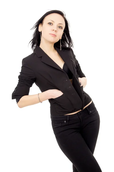 Beautiful girl in black suit isolated — Stock Photo, Image