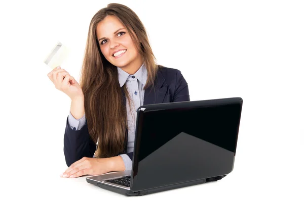 Business girl shows electronic map — Stock Photo, Image