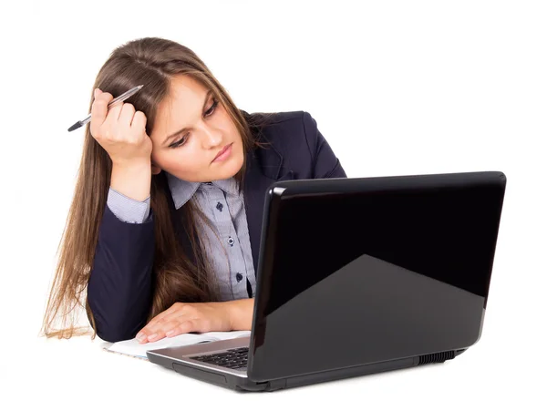 Menina de negócios pensa local de trabalho — Fotografia de Stock