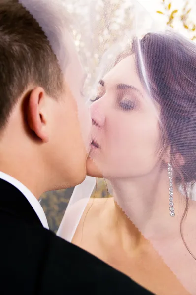 Pasgetrouwden kus op aard — Stockfoto