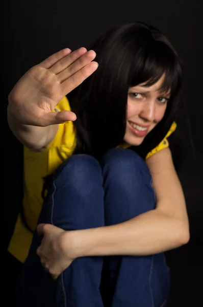 Girl shows a hand stop — Stock Photo, Image