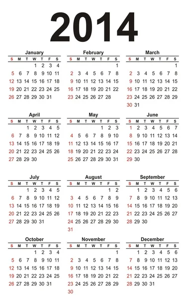 Calendario 2014 modello — Vettoriale Stock