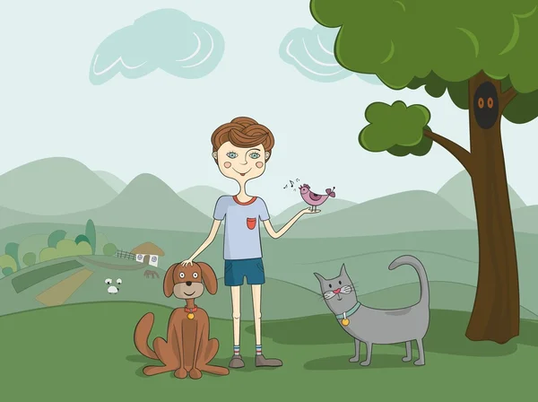 Illustratie van jongen met huisdieren — Stockvector