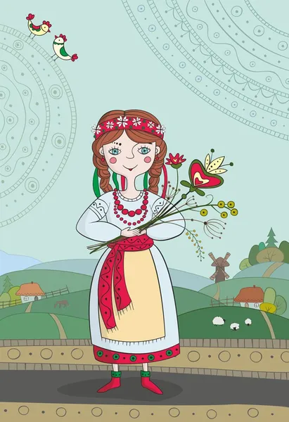 Illustration de fille ukrainienne en robe nationale — Image vectorielle