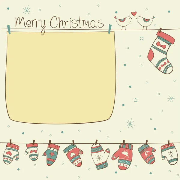 Vánoční přání s ptáky, ponožky, rukavičky na žluté poz — Stockový vektor
