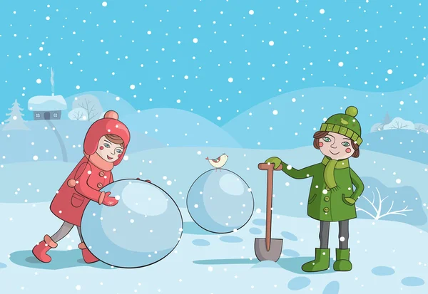 Enfants faisant bonhomme de neige le matin — Image vectorielle
