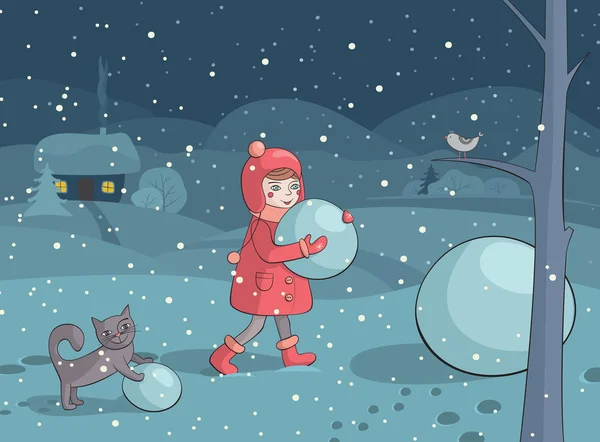 Meisje en kat sneeuwpop maken in de avond — Stockvector