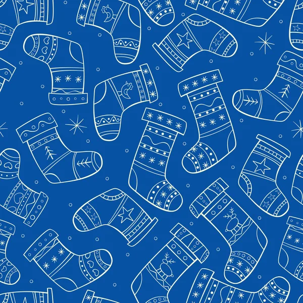 冬季无缝模式与袜子的蓝色背景 — 图库矢量图片