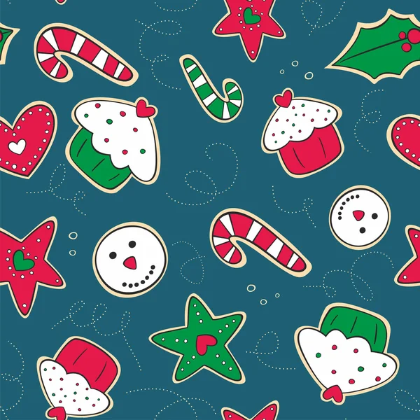 Рождественское пряничное печенье зеленый и красный бесшовный узор — стоковый вектор
