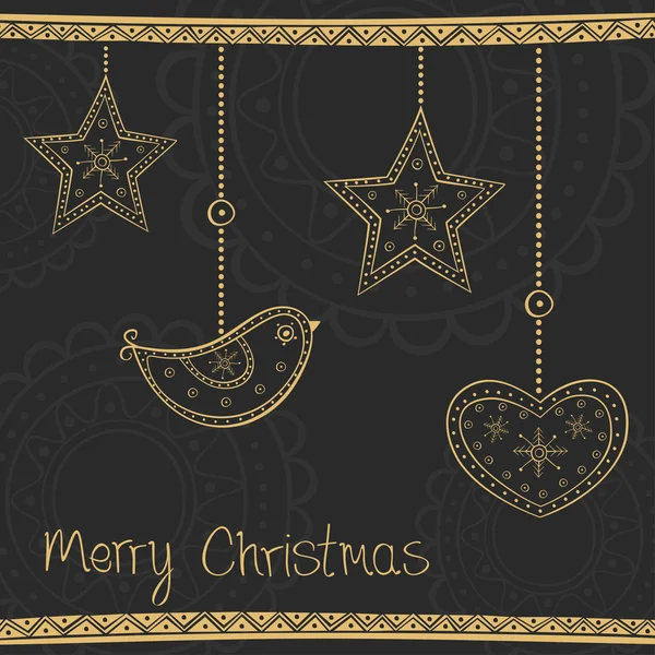Carte de voeux avec décoration d'arbre de Noël en or sur fond noir — Image vectorielle