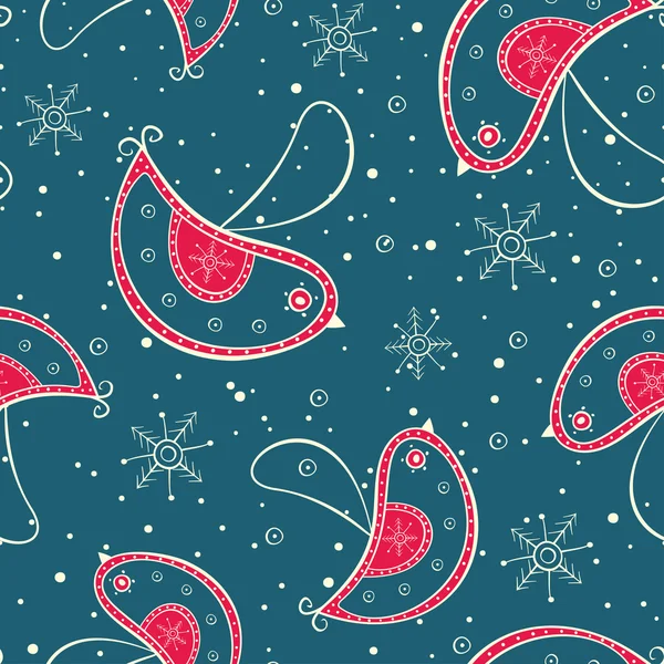 Seamless pattern with Christmas tree birds decoration and snow — Stock Vector