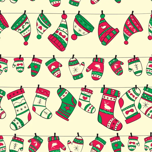 Winter seamless pattern with red green socks mittens and hats Royalty Free Stock Illustrations
