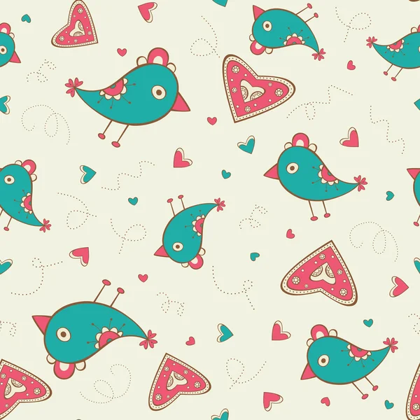 Seamless pattern with birds and hearts — Stock Vector