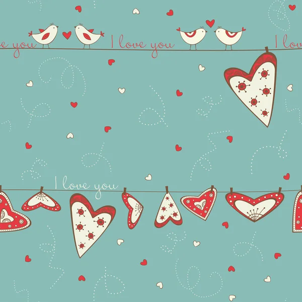 Seamless pattern with birds in love and hearts — Stock Vector