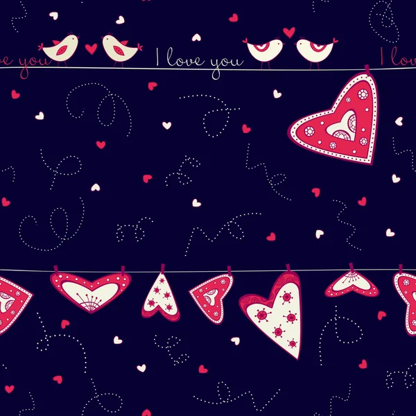 Seamless pattern with birds in love and hearts — Stock Vector