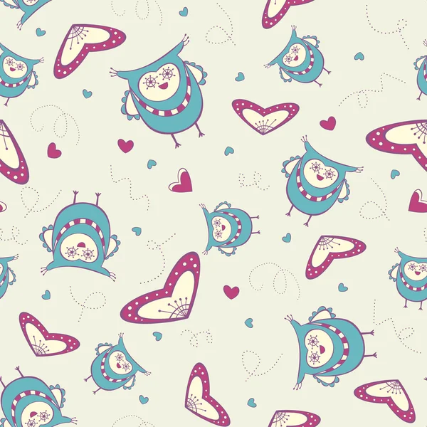 Seamless pattern with owls and hearts — Stock Vector