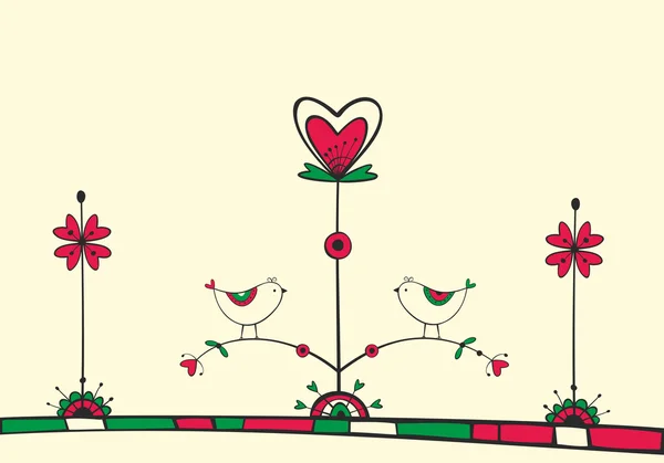 卡与爱情树上的鸟 — 图库矢量图片