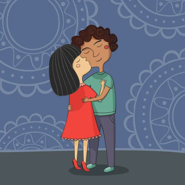 Illustration of multicultural boy and girl kissing on the cheek Vector Graphics