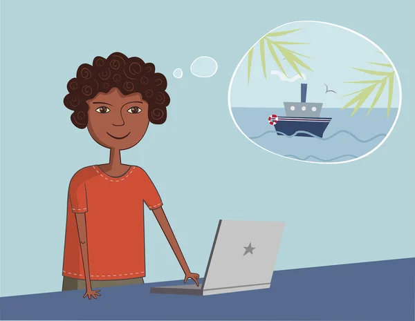 Afro-americano negro chico cerca de la computadora portátil piensa en vacaciones — Vector de stock