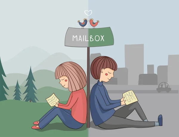 Girl and boy read mail — Stock Vector