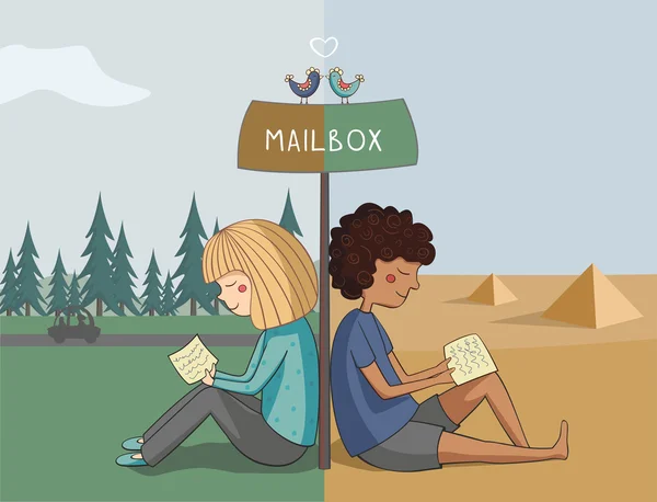 Multiculturale ragazza e ragazzo leggere mail — Vettoriale Stock